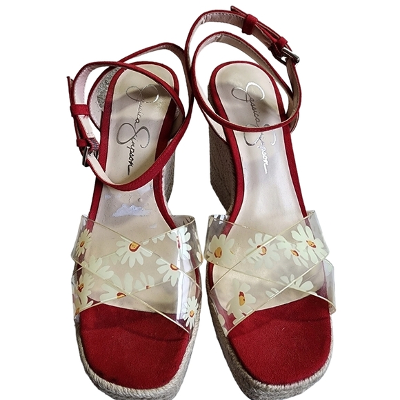 Jessica Simpson Red Velvet Floral Toe Strap Wedge Espadrilles - 8.5 - Picture 7 of 8
